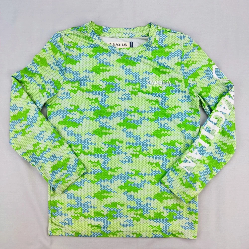 Magellan Shirt Kids XS 6-7 Green Camo Fish Gear Classic Fit Long Sleeve Top